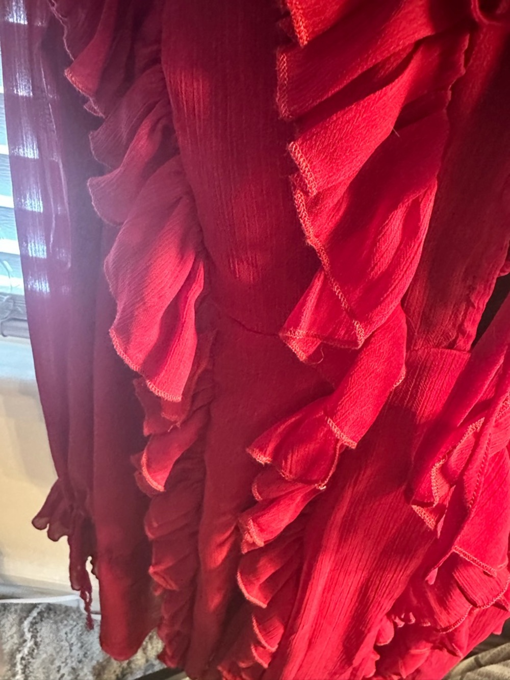 Red Ruffled V-Neck Chiffon Blouse - Picture 2 of 3
